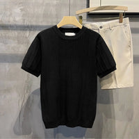 Short-sleeved T-shirt for Men Striped Crochet Knitwear Retro Solid Luxury T-Shirts Slim Stylish Spring Summer Cool Casual Shirt