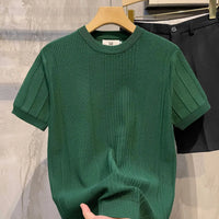 Short-sleeved T-shirt for Men Striped Crochet Knitwear Retro Solid Luxury T-Shirts Slim Stylish Spring Summer Cool Casual Shirt